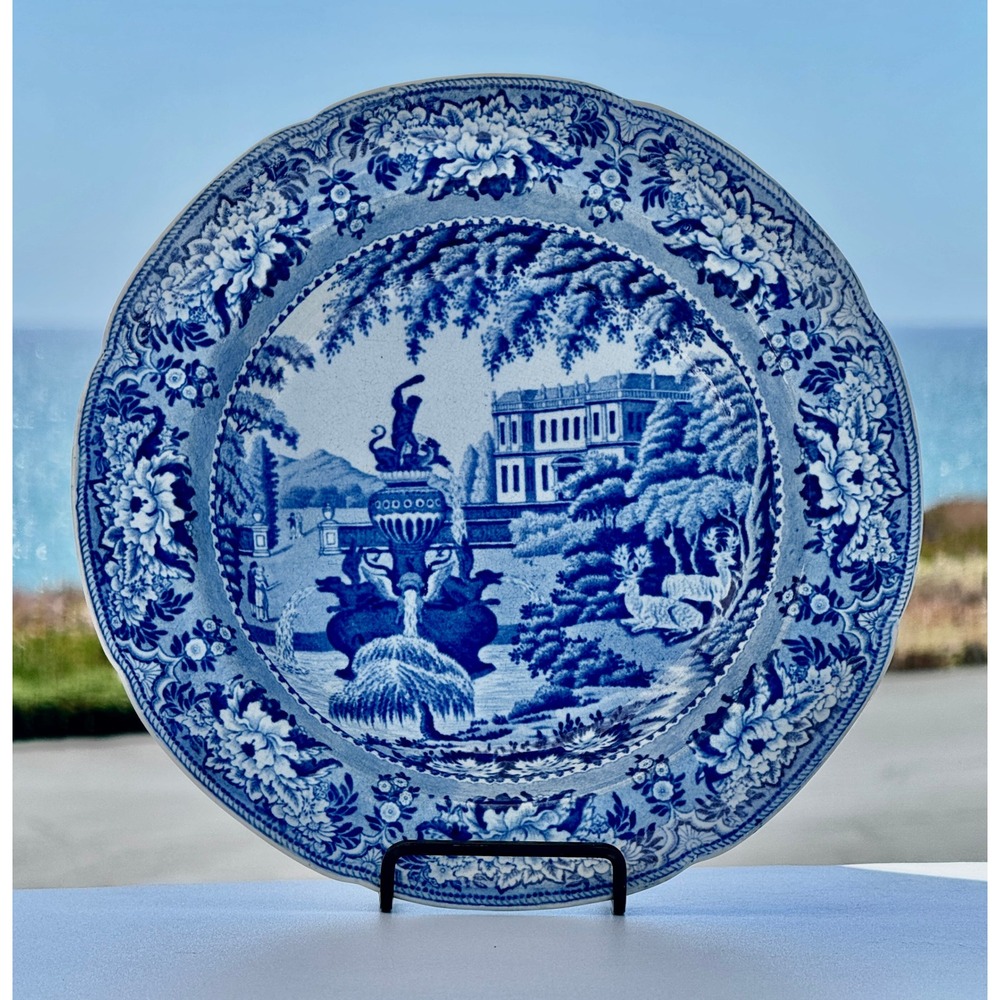 Antique Flow Blue Pearl China Warranted Scenic Fountain Deer Transferware Plate